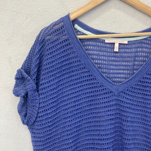 VICTORIA'S SECRET Flax Blend Short Sleeve Open Knit Sweater Size Small S Purple - Picture 5 of 10